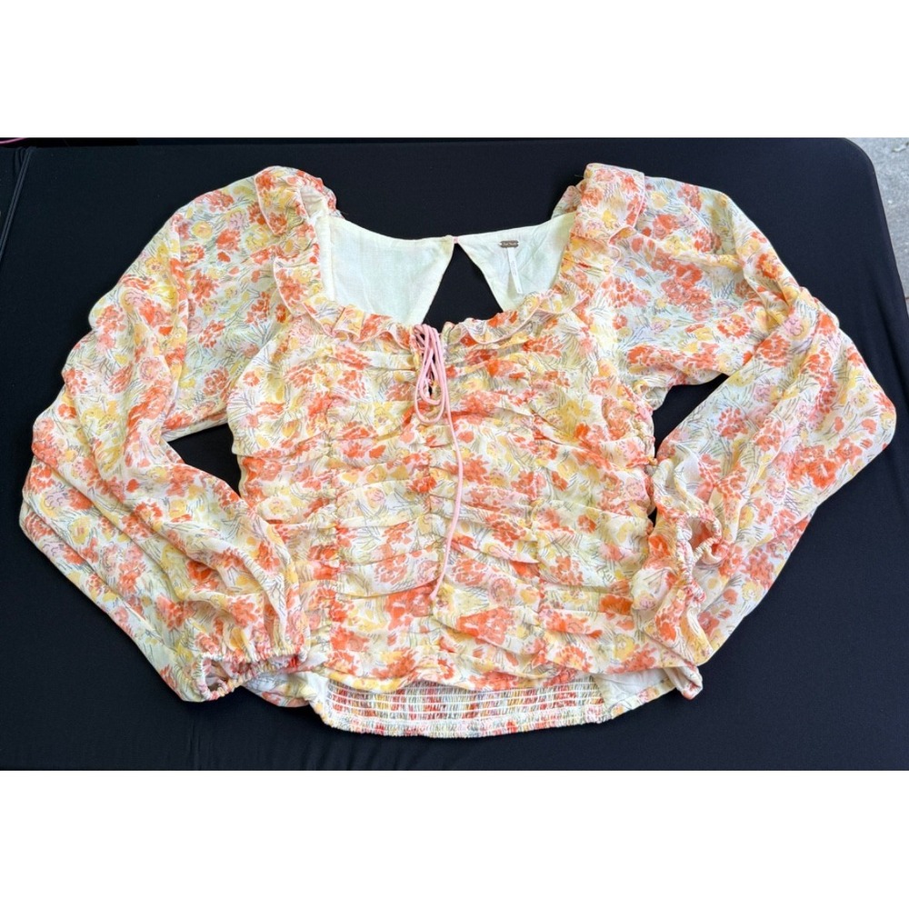 Free People‎ Orange Floral Peach Lace Ruched Chiffon Balloon Sleeve Top S Boho